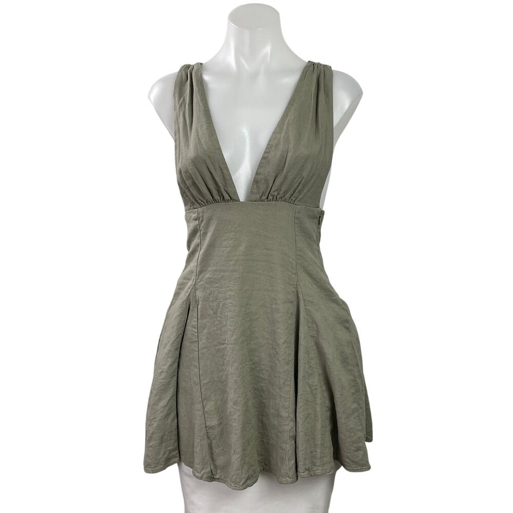 Zara Khaki Green Sleeveless Plunge Deep V Neck Lace Up A Line Mini Dress Size XS
